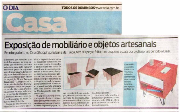 NOVOS TALENTOS BRASILEIROSno caderno CASA do jornal O DIA de 29 de agosto de 2018